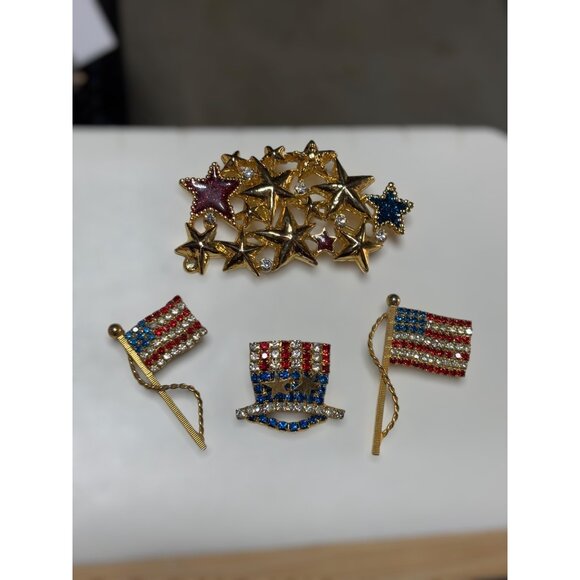 4 piece Patriotic Brooch Pin Set Collection With Stars & Stripes Design Red/Blue - Picture 13 of 16